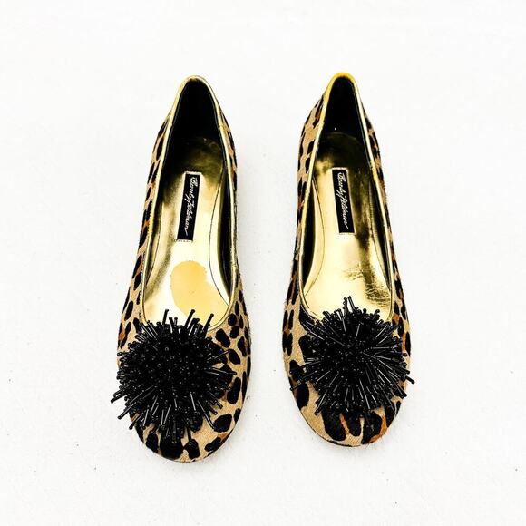 Beverly Feldman Jewel Pom Leopard Flats Gold Accents Size 9 MINT - Picture 1 of 7